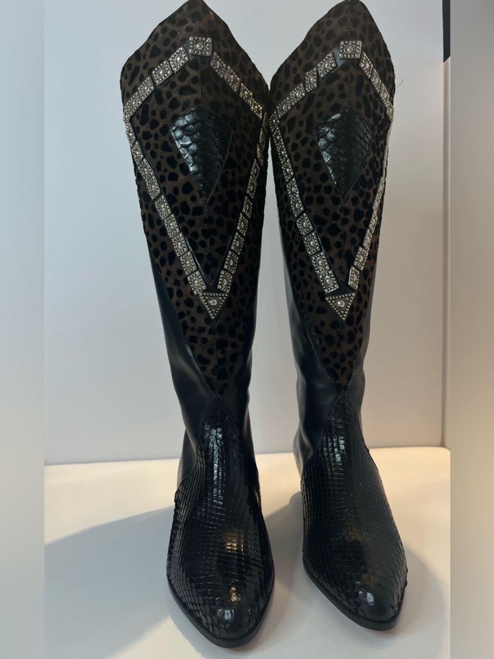Vintage Nando Muzi Leopard Calf Hair & Leather Boots Studded Made in Italy 6.5